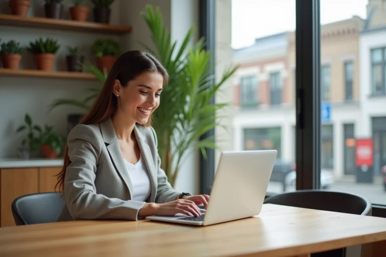 Femme souriante recherchant immobilier sur son ordinateur