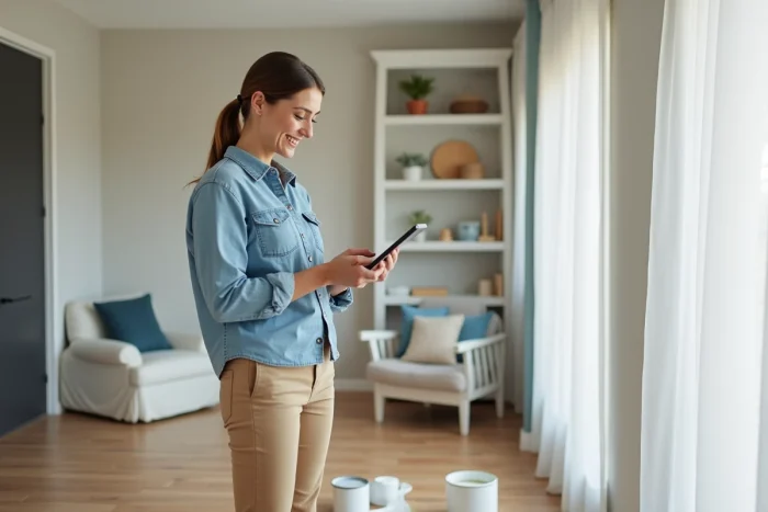 Femme utilisant une tablette pour visualiser un relooking intérieur