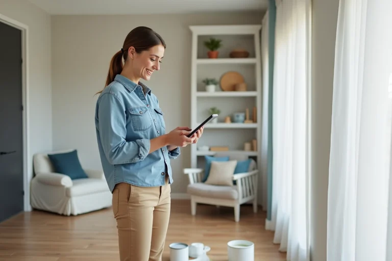 Femme utilisant une tablette pour visualiser un relooking intérieur