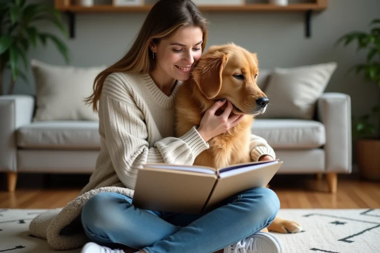 Femme assise avec son chien et des documents d'assurance