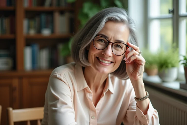 Femme élégante de 60 ans ajustant sa coupe de cheveux