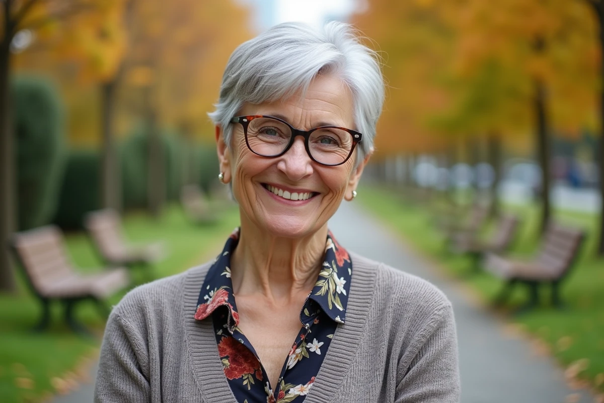 Femme souriante de 65 ans dans un parc automnal