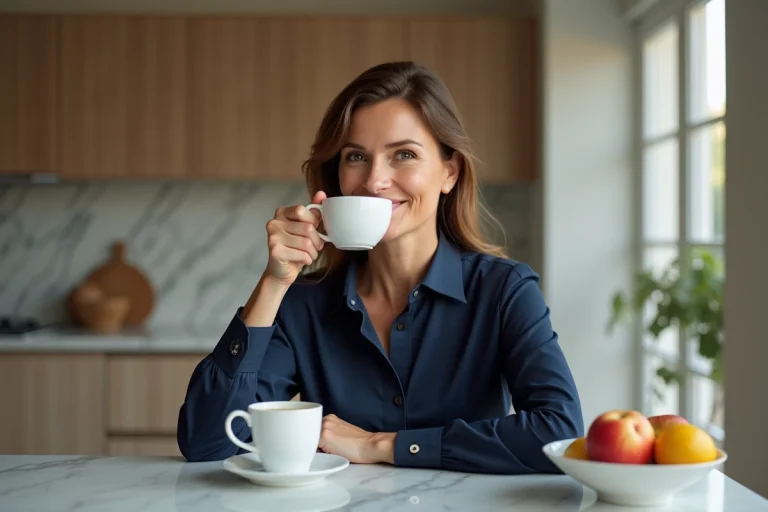 Femme souriante avec des lèvres uniques dans une cuisine moderne