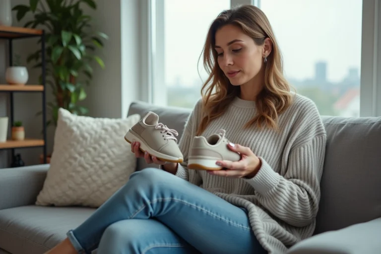 Femme assise sur un canapé examine des chaussures sportives