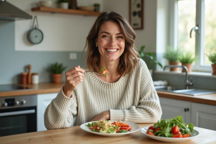 Femme souriante dégustant une salade dans une cuisine lumineuse