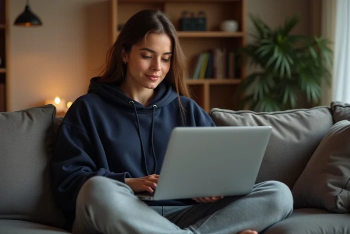Jeune femme regardant un film en streaming gratuitement sur son ordinateur portable depuis son canapé