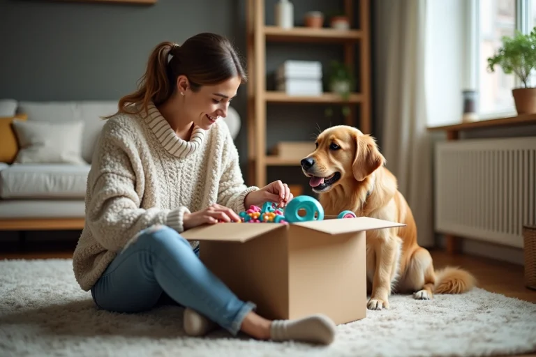 Jeune femme déballant des jouets pour chien dans un salon chaleureux