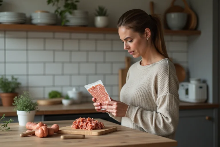 Femme inspectant un paquet de lardons dans sa cuisine