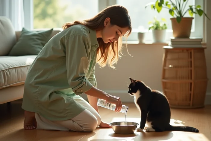 Femme versant de l'eau minérale en bouteille de verre dans une gamelle en inox pour son chat tuxedo dans un salon chaleureux