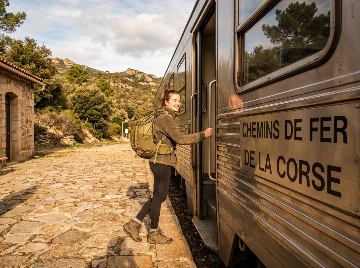Jeune femme en randonnée près d’un train en Corse
