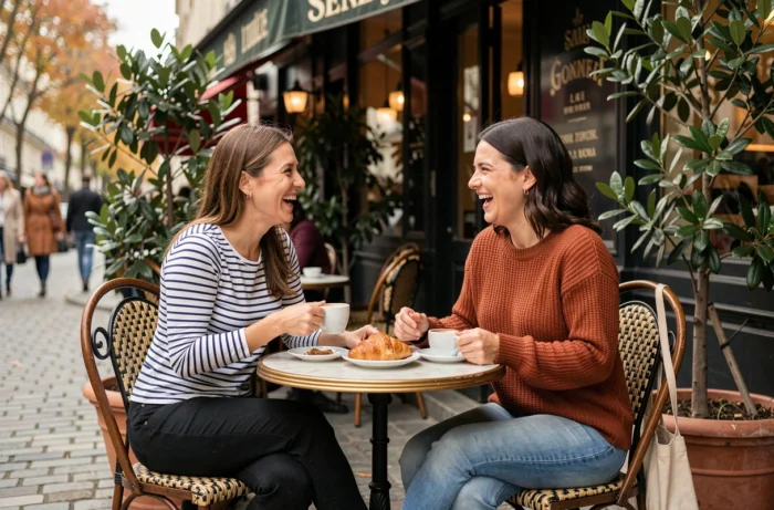 Deux femmes riant ensemble en terrasse de café parisien avec espresso et croissants dans une ambiance automnale tendance