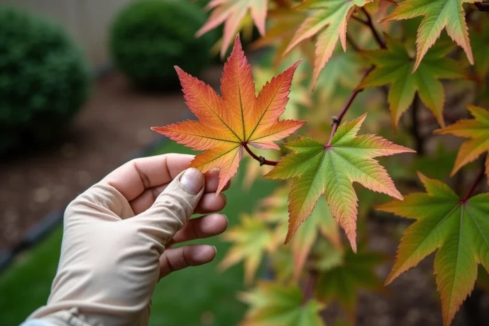 Gros plan sur des feuilles d'érable du Japon abîmées avec bords bruns et enroulement, symptômes de stress hydrique ou de maladie fongique