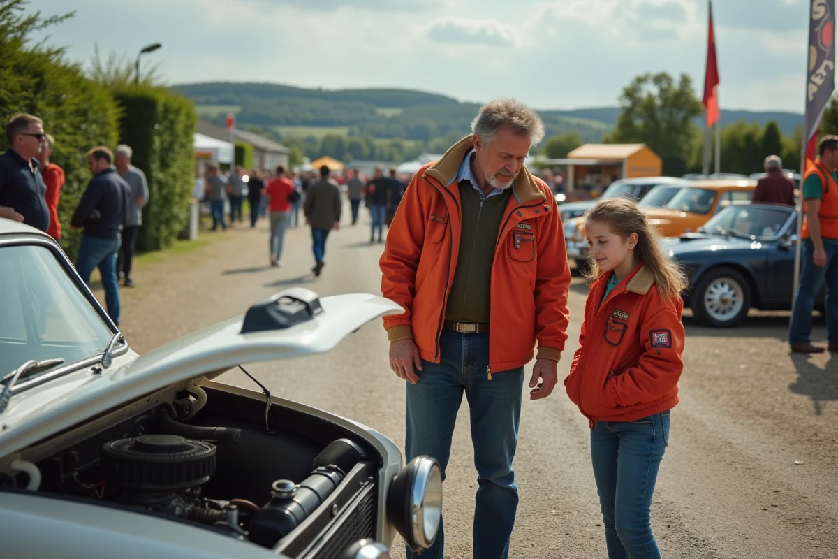 Fille et père examinant une voiture de rallye vintage en Bretagne