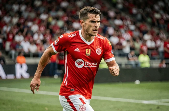 Footballeur professionnel en pleine course sur un terrain de stade lors d'un match important