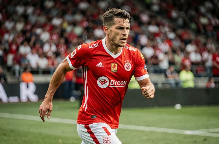 Footballeur professionnel en pleine course sur un terrain de stade lors d'un match important