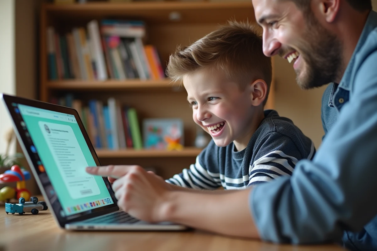 Garçon enthousiaste pointant un écran de tablette en famille