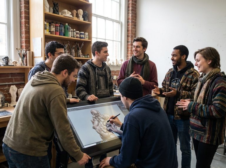 Groupe d'étudiants créatifs autour d'un écran 3D en classe d'art
