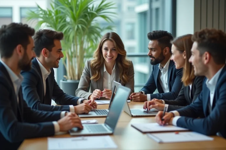 Groupe de jeunes professionnels en réunion dans un bureau moderne