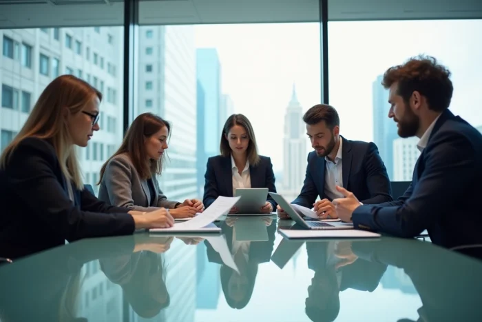 Groupe de professionnels en réunion dans un bureau moderne