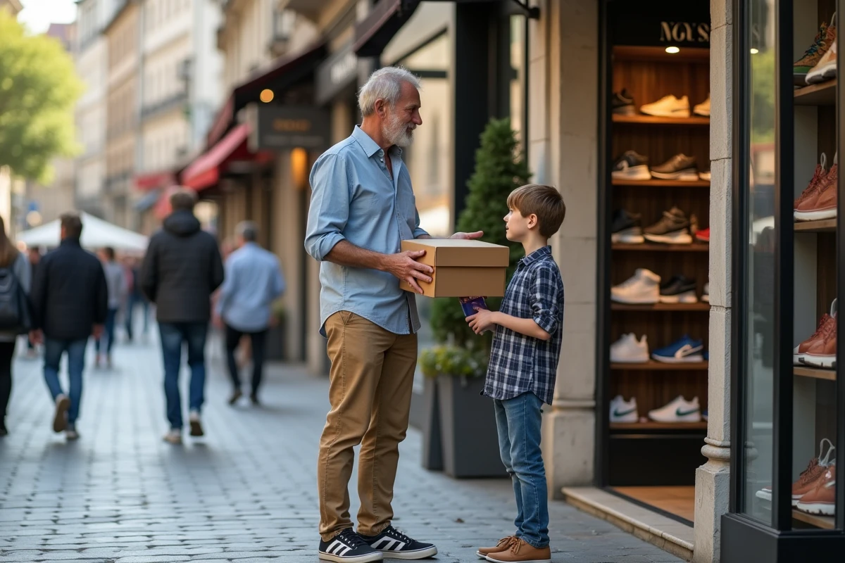 Homme avec un garçon dans une rue commerçante avec des chaussures