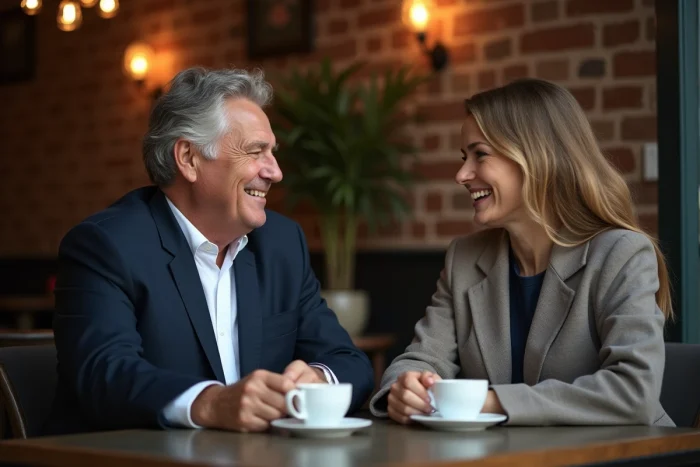 Homme plus âgé en blazer marine souriant attentivement à une femme dans un café parisien, signe d'attraction et d'intérêt sincère