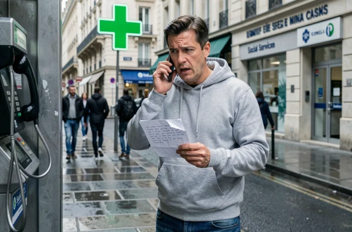 Un homme inquiet téléphone en urgence depuis un trottoir urbain humide pour contacter une assistante sociale