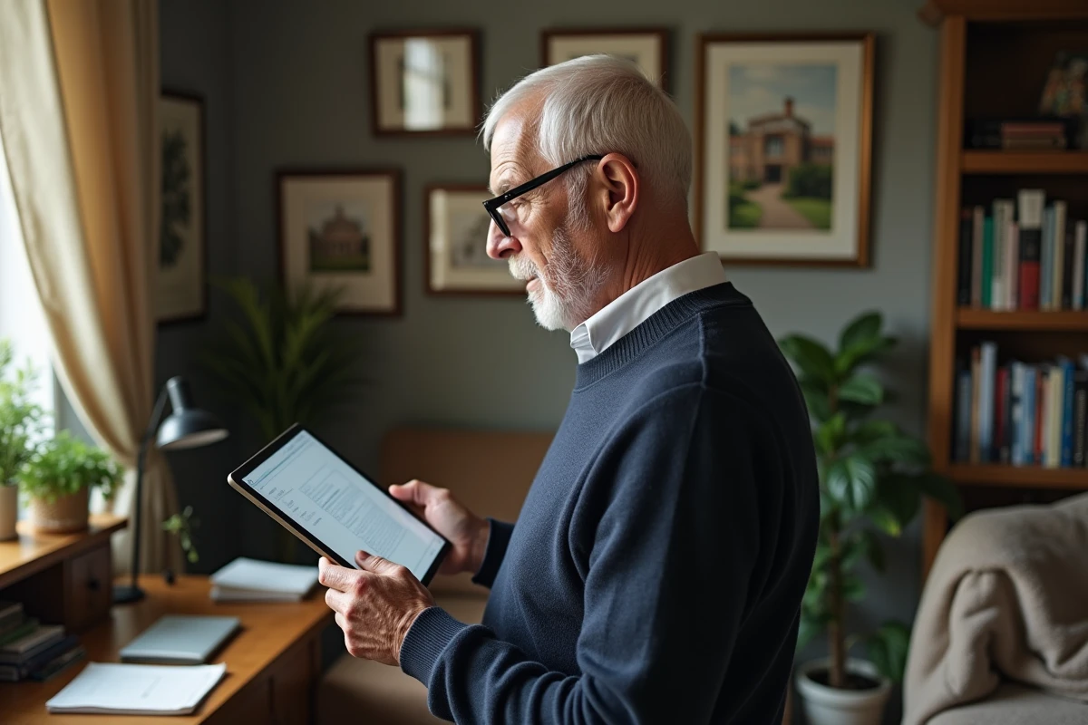 Homme âgé remplissant une demande immobilière sur tablette
