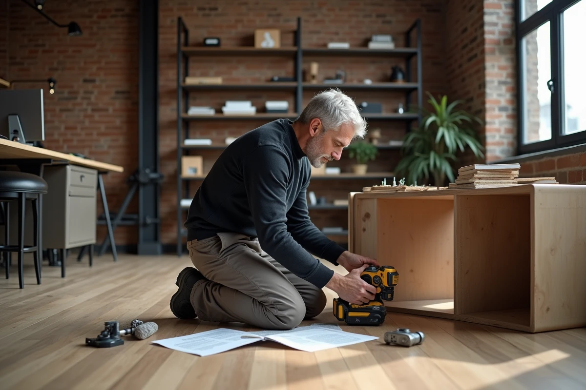 Homme assemblant des meubles de rangement dans un loft moderne