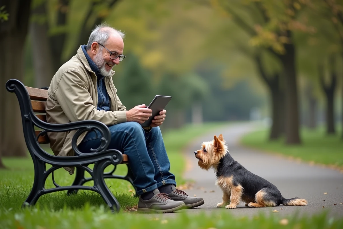 Homme regardant sa tablette en park avec son chien attentif