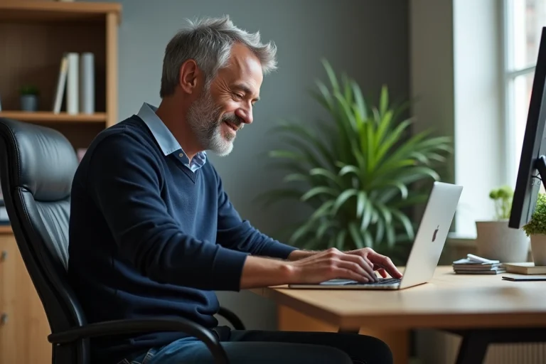 Homme d'âge moyen travaillant sur son ordinateur dans un bureau moderne