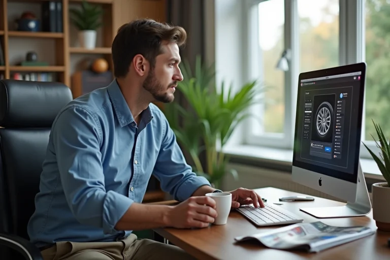 Homme en bureau moderne utilisant un ordinateur pour simuler un pneu
