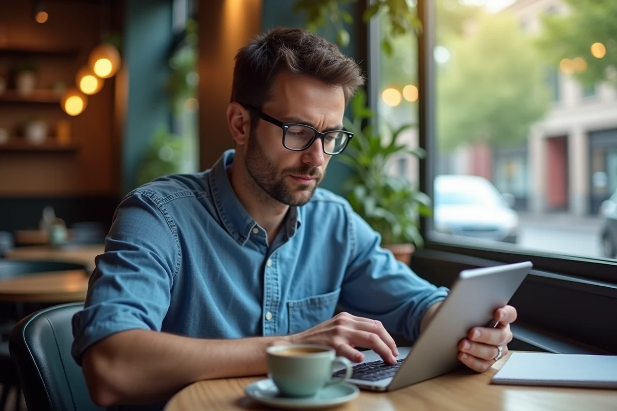Homme au café utilisant une tablette en extérieur