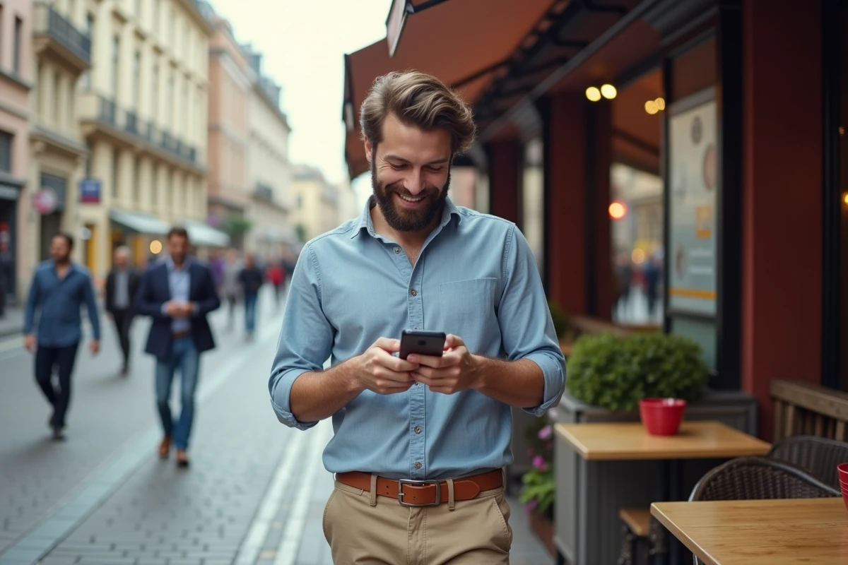 Homme souriant utilisant une application en ville