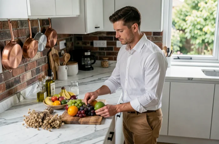 Homme arrangeant une composition lifestyle tendance sur un comptoir en marbre dans une cuisine moderne avec briques apparentes