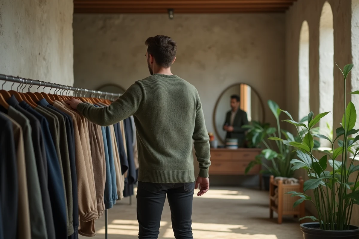 Homme décontracté examinant des vêtements dans un dressing lumineux