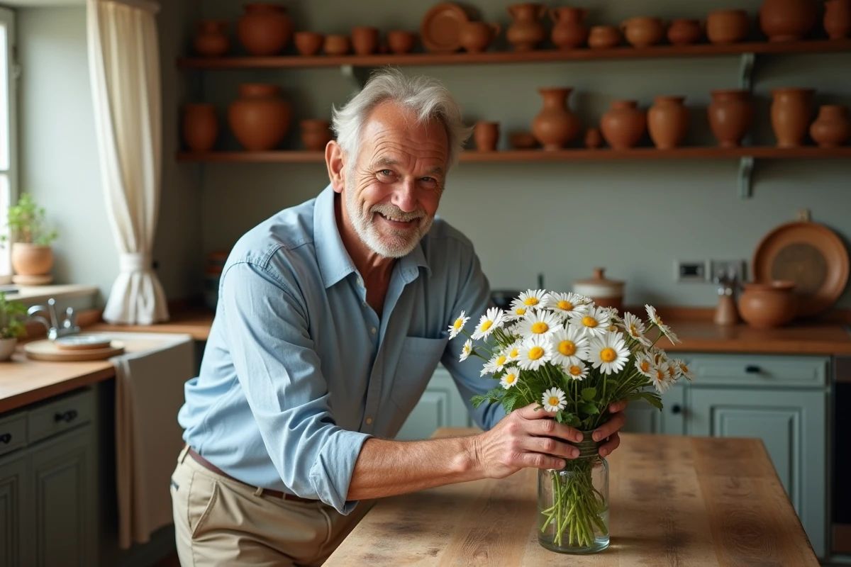 Homme âgé arrangeant un bouquet de marguerites