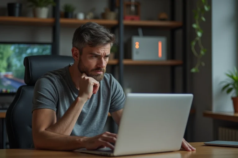 Homme frustré devant son ordinateur portable avec une erreur de connexion wifi et une Freebox éteinte en arrière-plan