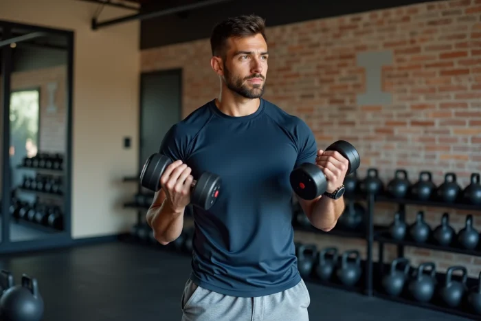 Homme musclé en salle de sport avec haltères
