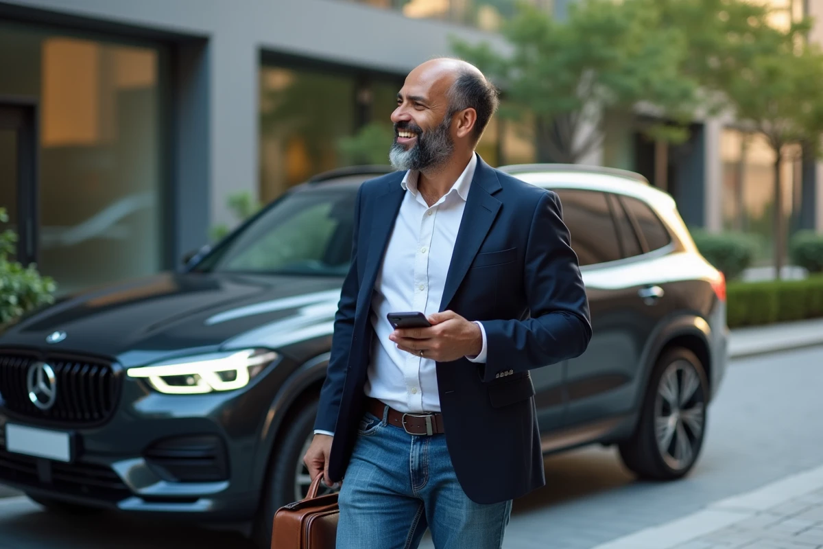 Homme d affaires nord africain avec voiture en ville
