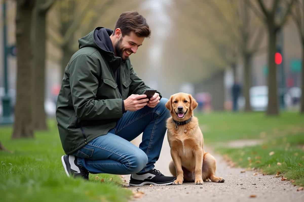 Homme avec son chien dans un parc urbain regardant son smartphone