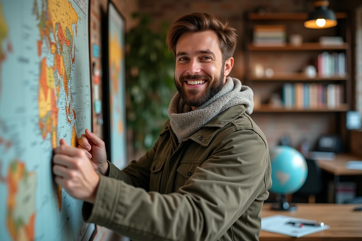 Homme pinçant des cartes sur un tableau dans un bureau cosy
