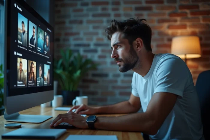 Homme cherchant des films à regarder gratuitement en streaming sur son ordinateur de bureau