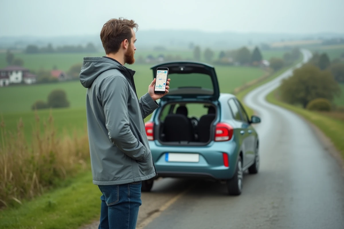 Jeune homme avec smartphone sur route rurale avec voiture