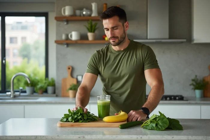 Homme préparant un smoothie vert sain dans une cuisine moderne dans le cadre de sa routine bien-être quotidienne