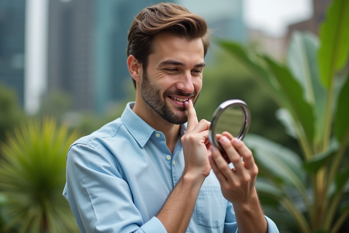 Jeune homme en ville appliquant un soin lèvres