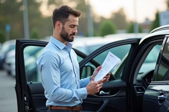 Homme en chemise bleue consulte une fiche technique voiture