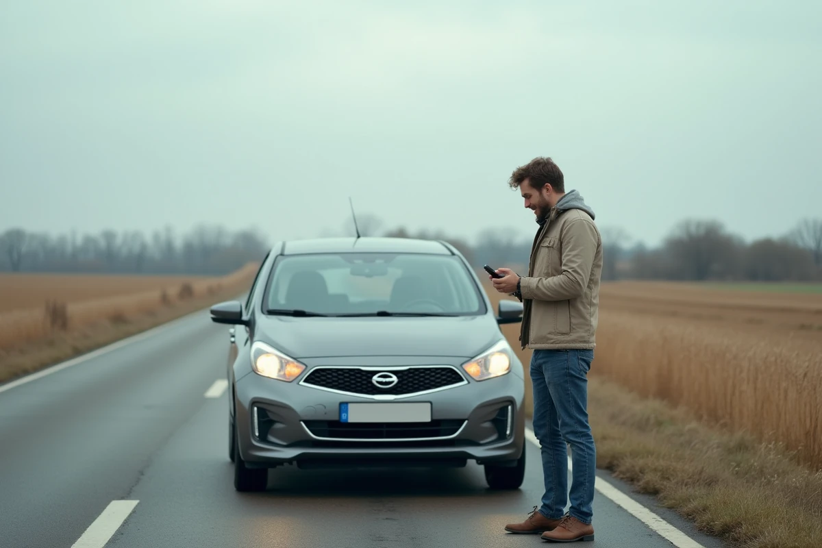 Homme près de sa voiture en campagne regardant son smartphone