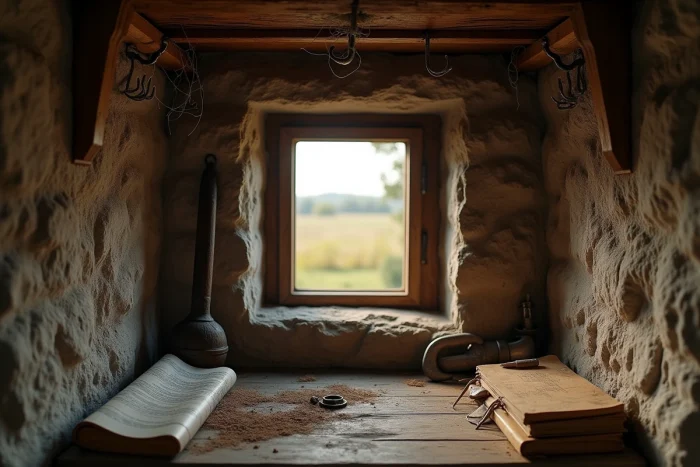 Intérieur authentique d'un cabanon cadastré avec murs en pierre et vue sur terrain non constructible par une petite fenêtre