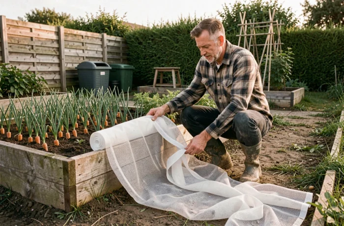 Jardinier rangeant un filet anti-insectes retiré d'une planche de carottes dans un potager semi-rural en fin de saison estivale