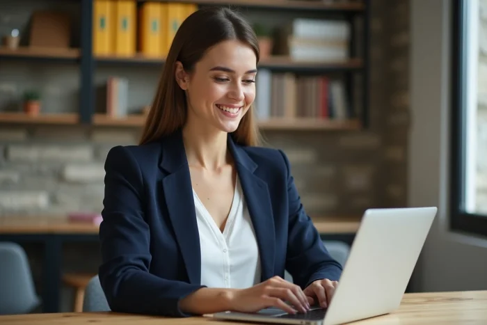 Jeune femme en blazer dans un espace coworking moderne